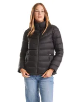 Campera puffer de plumas Michael Kors, color negro, con cierre frontal metálico, bolsillos laterales y cuello alto con capucha oculta.