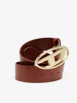 Cinturón Diesel B-1DR W para mujer, confeccionado en cuero vacuno color marrón, con hebilla metálica dorada en forma de la icónica letra "D" de la marca.
