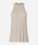 Blusa sin mangas color beige, confeccionada en tejido de punto acanalado con hilo metalizado, escote alto y corte ajustado.
