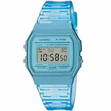 Reloj digital Casio modelo F-91W, con caja y correa de resina transparente de color celeste. Presenta pantalla LCD con hora, día de la semana y fecha, luz, alarma y cronógrafo.