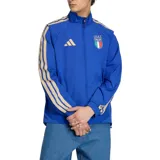 Campera deportiva adidas de la selección de Italia, modelo Anthem. Diseño en color azul con detalles en dorado en las mangas y logo de la marca y escudo de la selección en el pecho. Cuenta con cierre frontal completo y cuello alto.