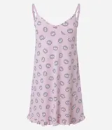 Camisón corto de microfibra con estampado de ojos griegos, breteles ajustables y volados en el ruedo.