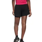 Short de running negro con calza interior incorporada y logo Adidas estampado en blanco.