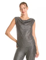 Blusa sin mangas de tejido acanalado con acabado metalizado, cuello volcado y corte holgado.