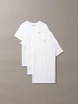 Pack de tres remeras Calvin Klein de algodón blanco. Incluye dos remeras de cuello redondo y una remera de cuello en V, con logo bordado en el dobladillo.