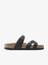 Sandalias Birkenstock modelo Franca, color negro, con tres tiras finas de cuero nobuk engrasado y hebillas metálicas ajustables. Plantilla anatómica de corcho y látex, y suela de EVA. 