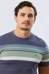 Remera de manga corta con cuello redondo, de color verde militar con franjas horizontales en tonos azules, celestes y blancos en la parte superior del pecho.