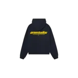 Hoodie oversized color negro de Eme Studios, con capucha y estampa gráfica amarilla en la espalda.
