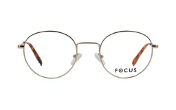 Lentes de receta con armazón metálico circular en color dorado y terminales de patillas con diseño carey.