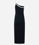 Vestido midi negro ajustado al cuerpo, confeccionado en tejido rib de viscosa. Presenta un diseño asimétrico con un solo hombro descubierto y un bretel con viés contrastante blanco en el escote. Posee un tajo lateral pronunciado.