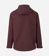 Campera deportiva Get Over de tejido técnico resistente al agua, color bordó. Presenta capucha ajustable con cordones, cierre frontal con cremallera, bolsillos laterales y un bolsillo adicional en el pecho, todos con cierre.