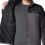 Campera acolchada Columbia Silver Falls con capucha y aislamiento sintético, color gris y negro. Tiene cierre frontal, bolsillos laterales con cierre, puños elásticos y dobladillo ajustable con cordón. Se puede guardar en su propio bolsillo.