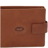 Billetera de cuero marrón RKF, modelo Volante, con cierre de presilla y logo grabado en relieve.