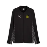 Campera deportiva Puma del Club Atlético Peñarol, color negro con cierre frontal. Presenta detalles geométricos en gris en los laterales, logo de Puma en blanco y escudo del club en el pecho.