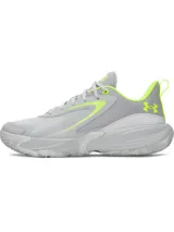 Championes Under Armour Lockdown 8, color gris con detalles en verde fluo. Parte superior de malla transpirable con superposiciones de cuero, entresuela de EVA y suela exterior de caucho macizo.
