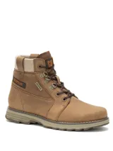 Bota Caterpillar de caña media para mujer, modelo Charli WP, color marrón, confeccionada en cuero con cuello de tela texturizada en tono tostado y suela de goma estructurada.