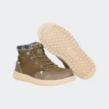 Botas Hey Dude Bradley Classic de caña media, color gris oscuro, con cordones verdes y suela marrón.