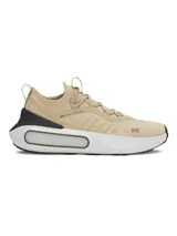 Championes de running Under Armour modelo Phantom 4, color beige con detalles en negro y blanco. Presentan un diseño de tejido de punto tipo calcetín, contrafuerte de TPU en el talón y suela con tecnología de amortiguación UA HOVR+.