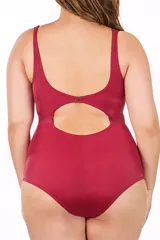 Malla entera color borgoña con breteles finos y escote en V con nudo.