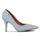 Zapato de tacón alto Vizzano, color verde oliva, con punta fina y detalle de logo dorado en el lateral.