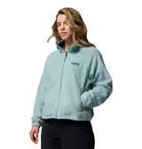 Campera de polar Columbia con cierre frontal completo, cuello alto, bolsillos laterales con cierre y puños elásticos.