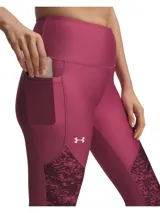 Calza capri Under Armour Tech para mujer, color borgoña con paneles laterales estampados.