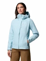 Campera impermeable Columbia modelo Hikebound II, color celeste, con capucha ajustable, cierre frontal con solapa, bolsillos con cremallera y puños ajustables.