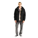 Campera de microfibra negra con relleno de guata y forro interior polar. Presenta cierre frontal completo, capucha ajustable con cordones, dos bolsillos frontales con solapa y corte estilo parka hasta la cadera. Cuenta con recubrimiento resistente al agua y al viento.