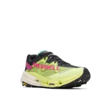 Championes de trail running Merrell modelo Mtl SpeedArc Peak, en combinación de colores amarillo lima, negro y fucsia. Cuentan con empeine Matryx de Kevlar y poliamida, placa de carbono Carbon FlexPlate, entresuela de doble densidad con espuma FloatPro y PEBA, y suela Vibram Megagrip Elite.