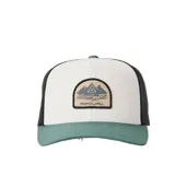 Gorro trucker Rip Curl con frente blanco, visera curva verde militar y malla trasera negra. Cuenta con un parche frontal bordado con diseño de montañas y el logo de la marca.