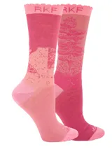 Calcetín de largo medio confeccionado en fibra de bambú, con diseño estampado de árbol en tonos rosados y borde superior con terminación ondulada.