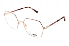 Armazón para lentes Lancel 90050 col 2, de metal color dorado, con forma geométrica y patillas marrones con diseño carey.