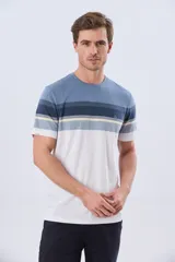 Remera de manga corta con diseño de franjas horizontales en tonos de gris, azul y beige, con escote redondo y pequeño bordado en el pecho.