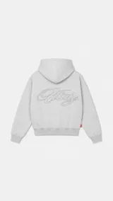 Hoodie gris melange con capucha, cierre frontal y gran bordado en relieve en la espalda.