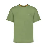 Remera técnica de rendimiento Merrell Shore, color verde militar, con cuello redondo, manga corta y paneles laterales transpirables.