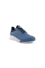 Championes de golf Ecco modelo M Golf S-Three, color azul retro con detalles en blanco y azul marino. Presentan un diseño moderno, son impermeables gracias a la tecnología GORE-TEX y cuentan con suela E-DTS® para tracción.