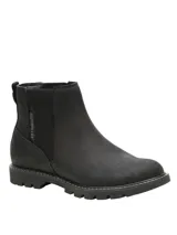 Botin tipo chelsea Caterpillar modelo Colorado para mujer, color negro, de cuero nobuk texturizado con paneles elásticos laterales y suela de goma con tracción.