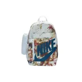 Mochila Nike con estampado abstracto en tonos beige, marrón y rojo. Logo de Nike en azul marino en el frente. Cuenta con un bolsillo lateral con red y un bolsillo frontal con cierre.