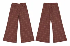 Pantalón sastrero de tiro alto y pierna amplia con diseño a cuadros en tonos marrones y mostaza, bolsillos delanteros y traseros, y presillas para cinto.
