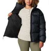Campera puffer Columbia modelo Puffect II, color negro, con aislamiento sintético Thermarator, tejido impermeable con tecnología Omni-Shield, cierre frontal completo, protector de mentón, bolsillos laterales con cremallera y puños elásticos.