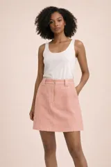 Minifalda de tweed color rosado, de corte recto y tiro alto, con cierre frontal de cremallera metálica dorada y trabillas para cinturón.
