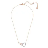 Collar Swarovski con dije entrelazado de símbolo de infinito en tono oro rosa y corazón pavé de cristales blancos, acompañado de una cadena de eslabones en acabado dorado rosado.