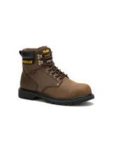 Bota de trabajo Caterpillar modelo Second Shift, color marrón, con puntera de acero, diseño impermeable y suela de goma antideslizante de alta resistencia.