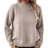 Sweater de punto color marrón con diseño de trenzas y textura en relieve. Presenta cuello alto, mangas largas y puños acanalados.