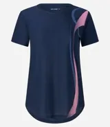 Remera deportiva blanca de microfibra con mangas cortas y estampado de ondas verticales en tonos gris y amarillo.