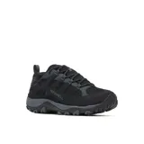 Calzado de trekking Merrell modelo Accentor 4 Wp, de color negro, confeccionado con gamuza y malla transpirable, con diseño impermeable, suela de goma y cordones tradicionales.