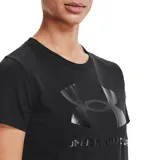 Remera Under Armour de mujer color rojo, de corte clásico y manga corta. Presenta el logo de la marca estampado en el pecho con diseño de animal print.