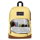 Mochila JanSport Right Pack color amarillo con base de cuero marrón, logo de la marca en azul y compartimento interno para laptop.