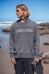 Buzo de tejido de punto acanalado en color gris, con cuello redondo y estampa frontal con la frase 'GLASSY WAVES'.