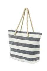 Bolso tipo tote con rayas horizontales blancas y azules, asas de soga y cierre superior.